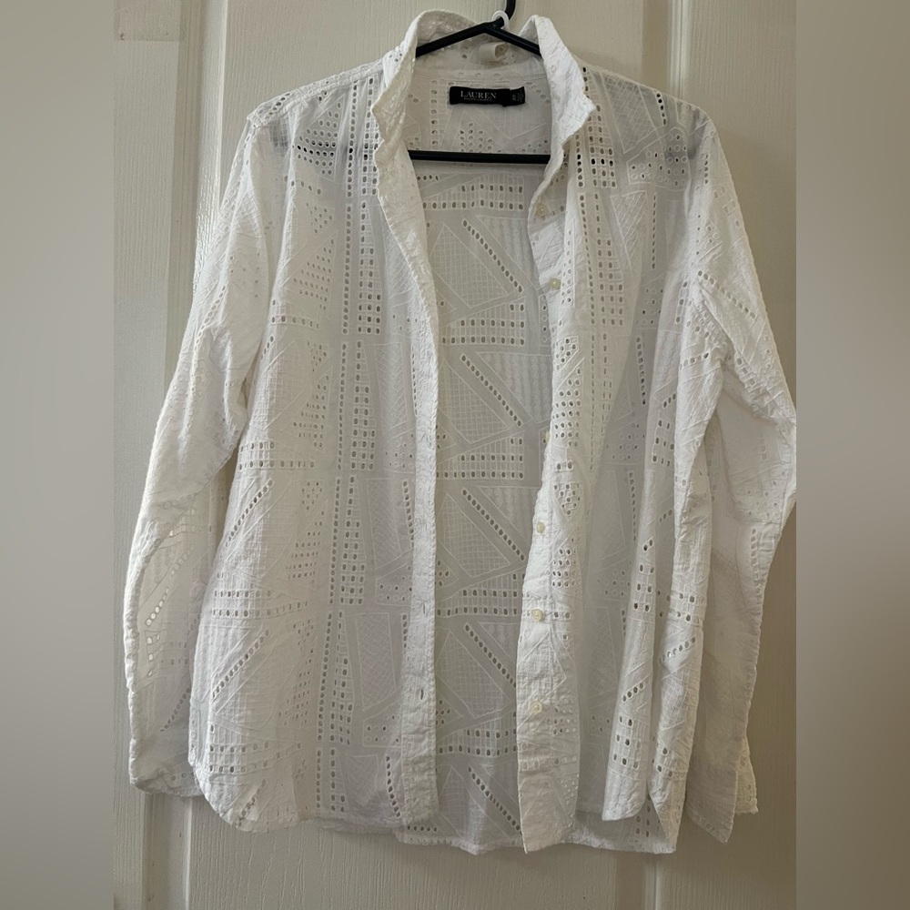 Ralph Lauren White Eyelet Button-Up Blouse cotton  XL